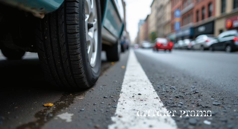 Car tire with white chalk mark used for parking enforcement