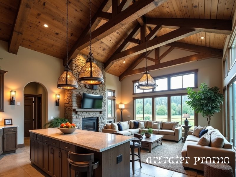 Barndominium interior with layered lighting for warmth and style