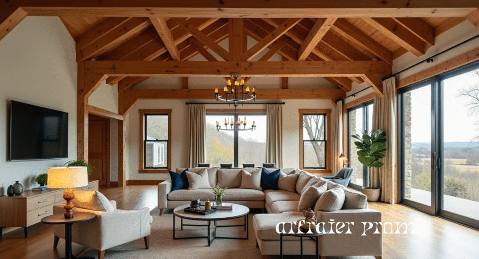 Cozy modern barndominium living room with rustic beams and open layout