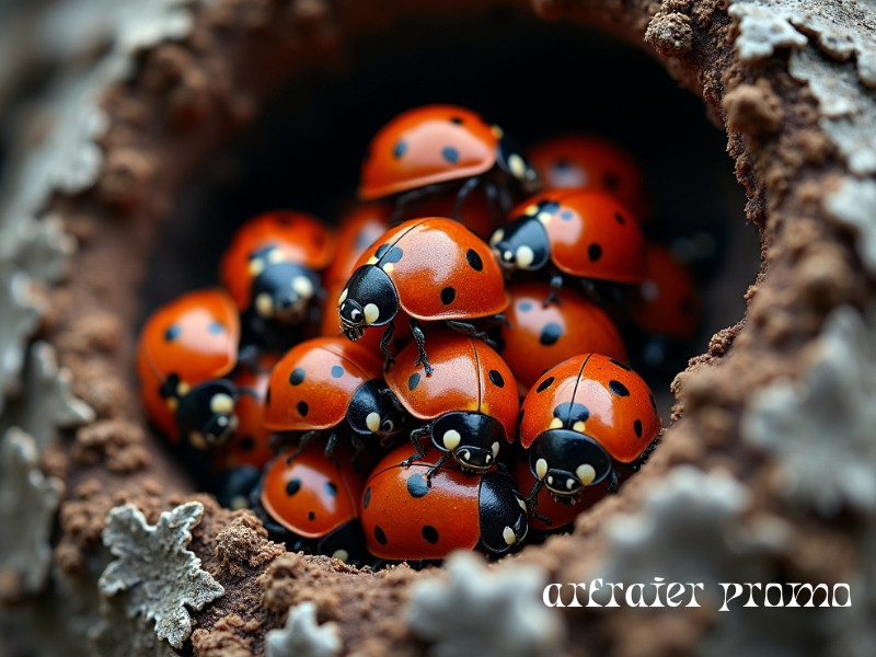 Group of ladybugs hibernating in winter.