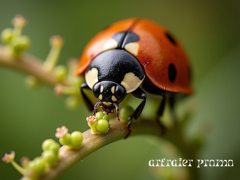 Ladybug eating aphids on a green leaf
