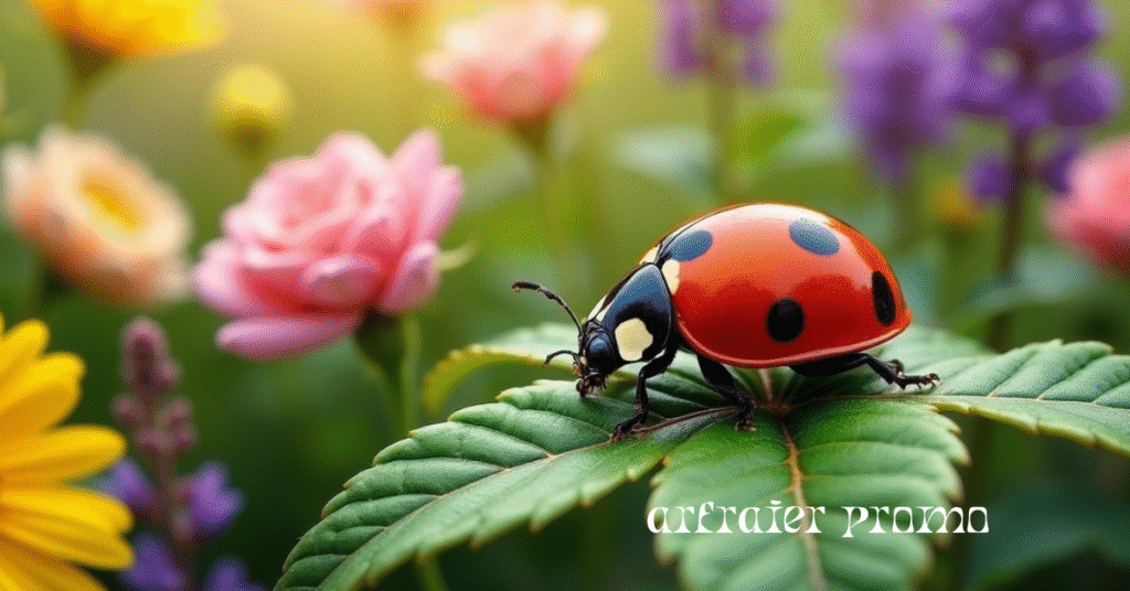 Ladybug sitting on a green leaf in a garden.