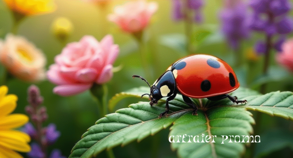Ladybug sitting on a green leaf in a garden.