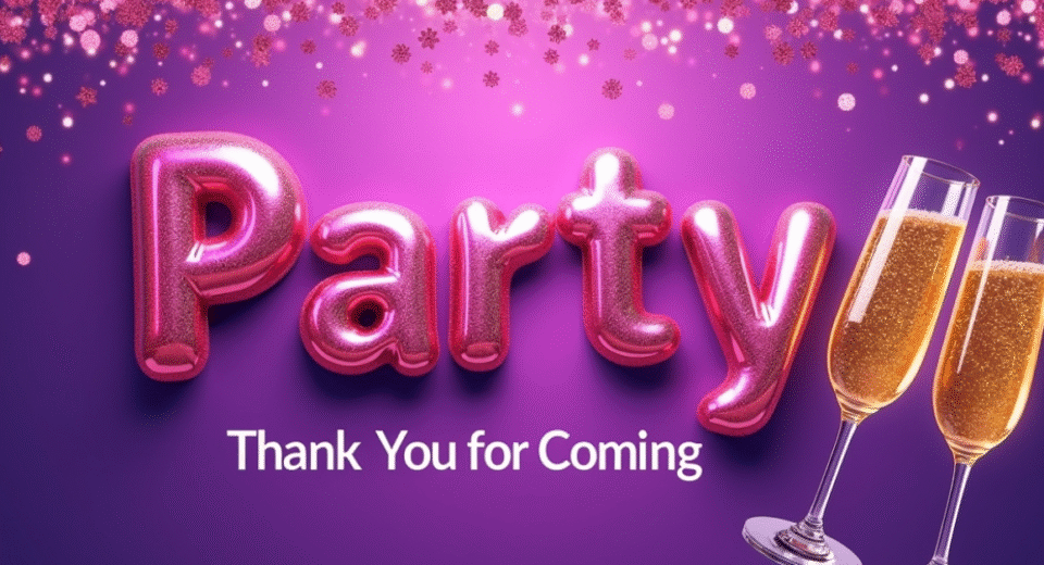 Festive purple party design with glitter and champagne glasses, featuring the text “Thank You for Coming.