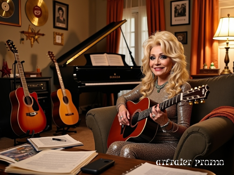 Dolly Parton’s music room with piano, guitars, and award plaques.