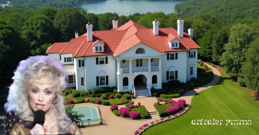 Dolly Parton’s Tennessee mansion surrounded by gardens and trees.