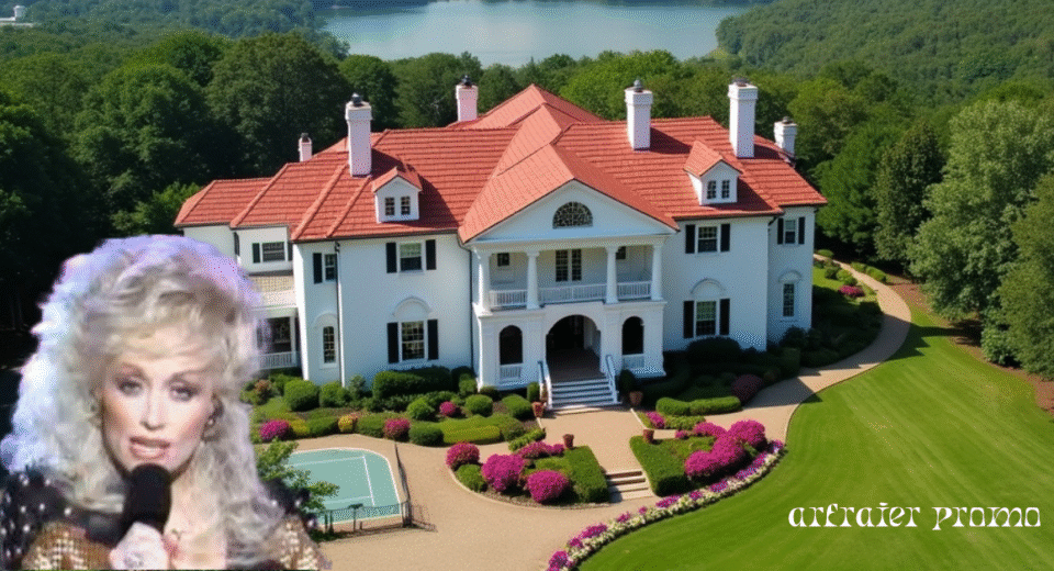 Dolly Parton’s Tennessee mansion surrounded by gardens and trees.