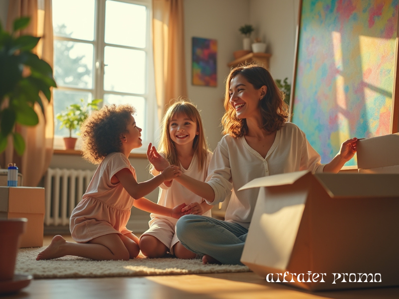 Single mom decorating new home with children after moving in