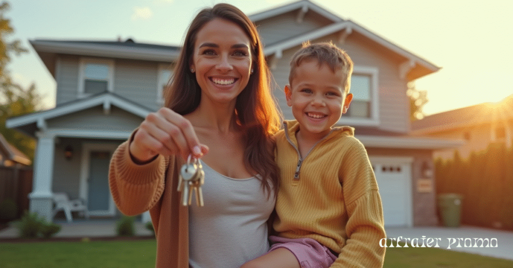 Single mother and child standing proudly in front of their new home in the USA.
