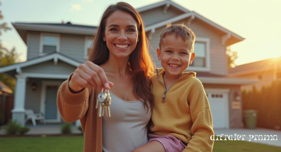 Single mother and child standing proudly in front of their new home in the USA.