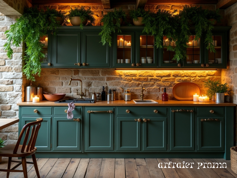 Witchy Kitchen Cabinets with Crystal Knobs and Dark Finishes