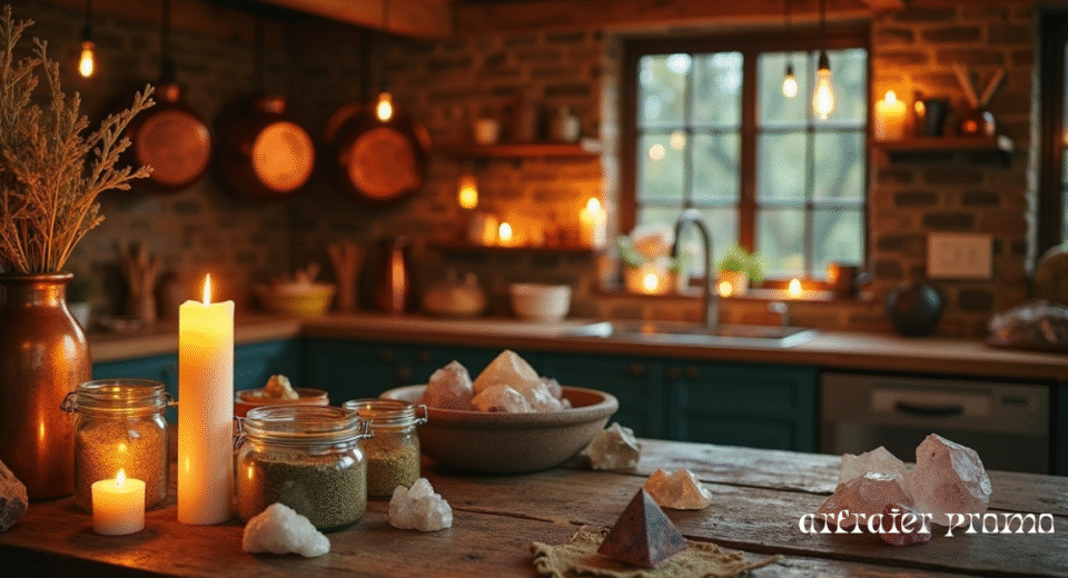Witchy Kitchen with Magical Décor and Warm Lighting