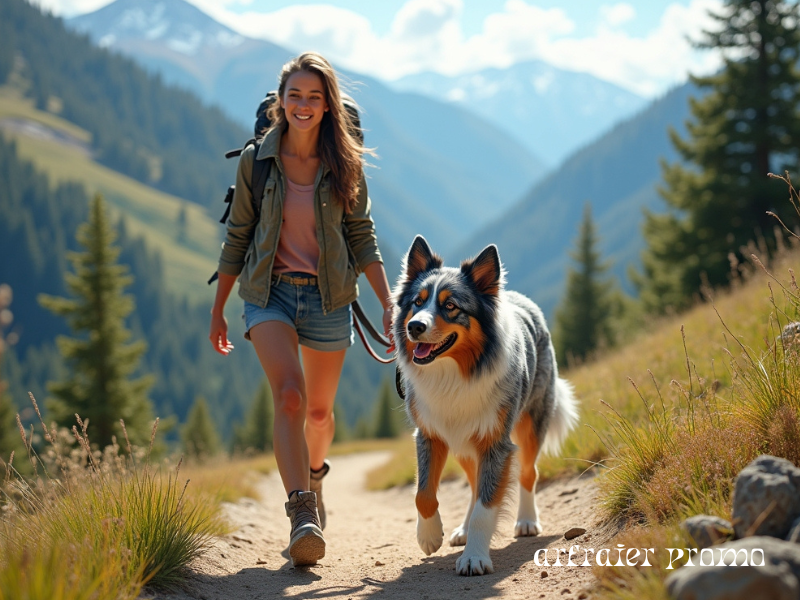 Australian Shepherd hiking with owner on a scenic mountain trail.