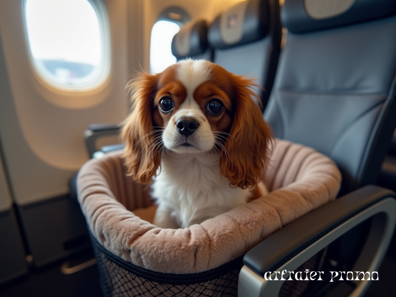 Cavalier King Charles Spaniel sitting comfortably in an airplane travel carrier.