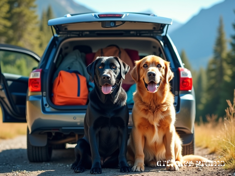 Labrador and Golden Retriever ready for a family road trip.