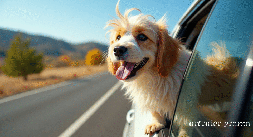 Happy dog enjoying a road trip with window open on a sunny day.