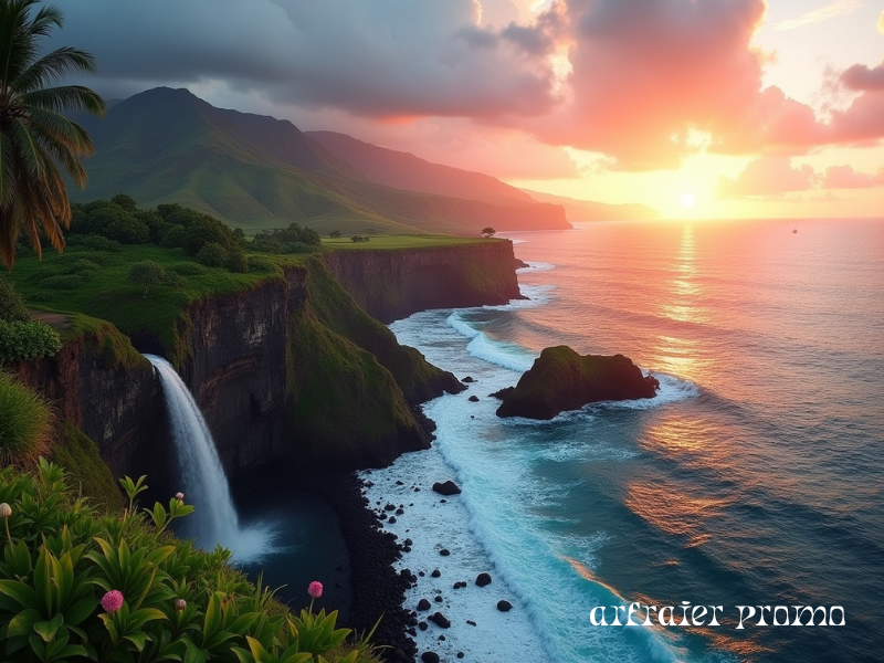 Big Island Hawaii volcanic landscape and sunset.