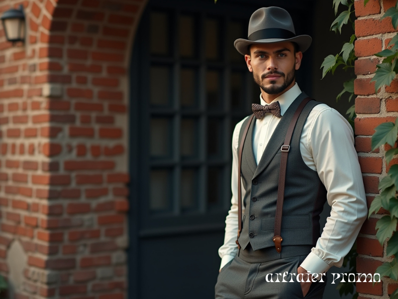 Modern man in vintage 1920s-inspired outfit with suspenders and bow tie.