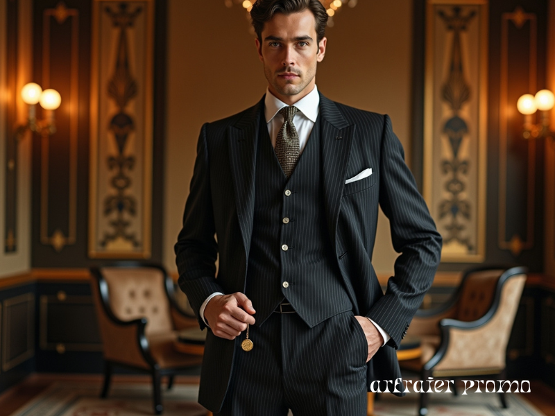 Man in 1920s pinstripe three-piece suit with pocket watch and tie.