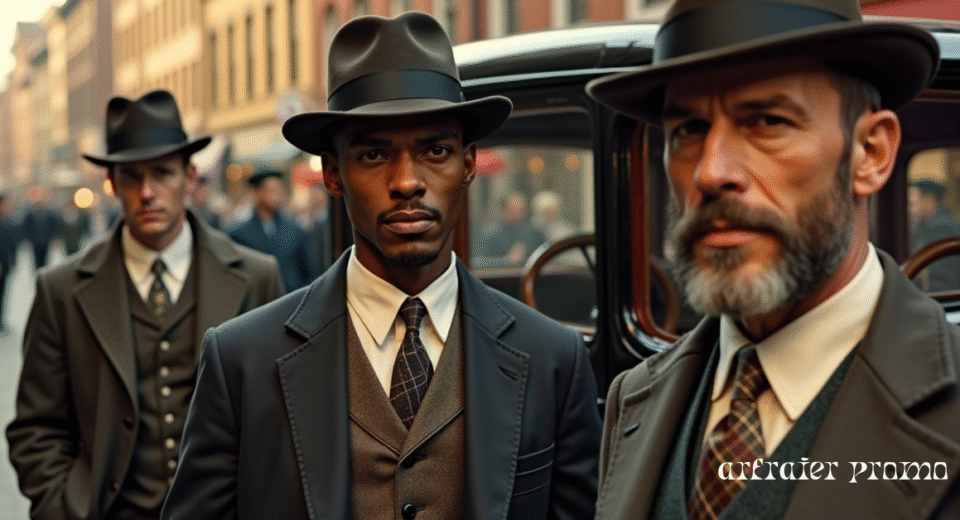 1920s gentlemen wearing tailored suits and fedoras beside a classic car