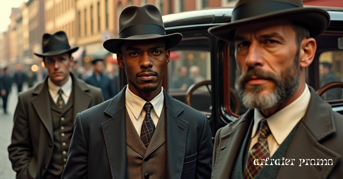 1920s gentlemen wearing tailored suits and fedoras beside a classic car