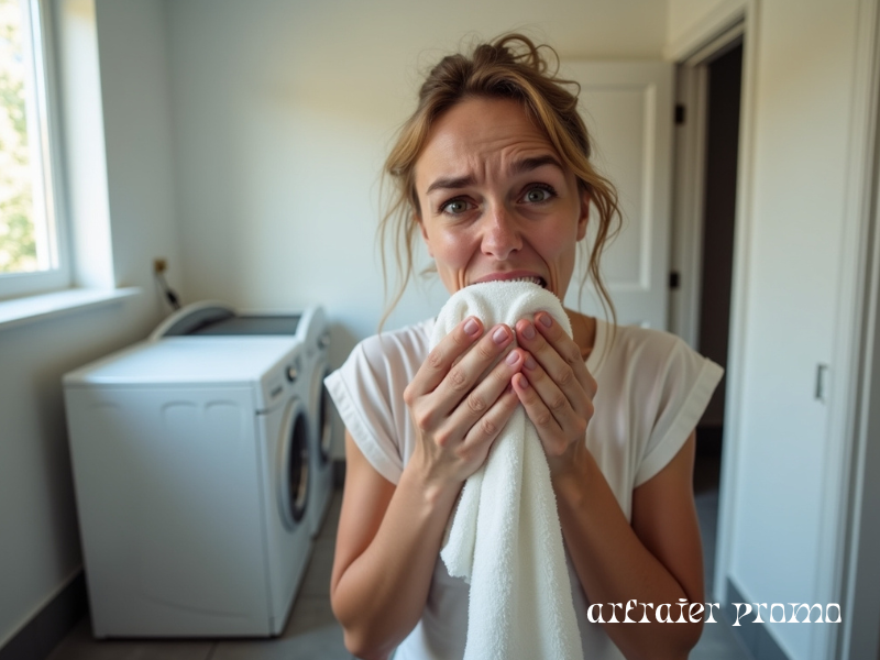 Person smelling smelly towel