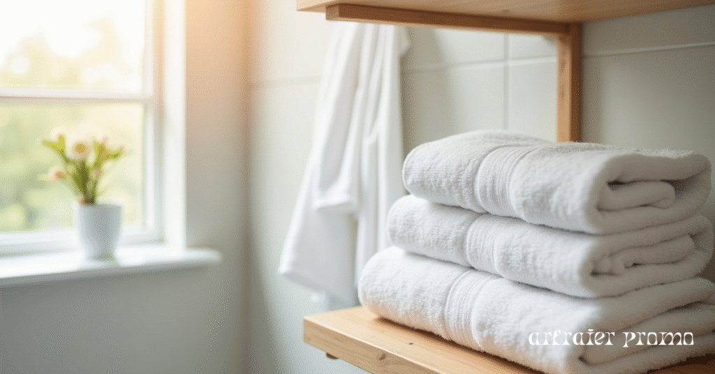 Freshly washed white towels in a bright clean bathroom