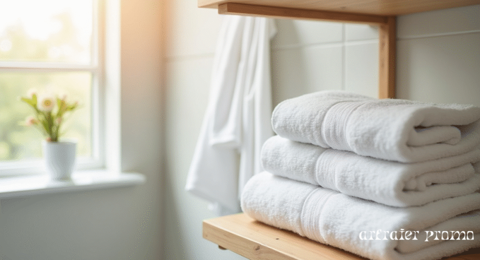 Freshly washed white towels in a bright clean bathroom