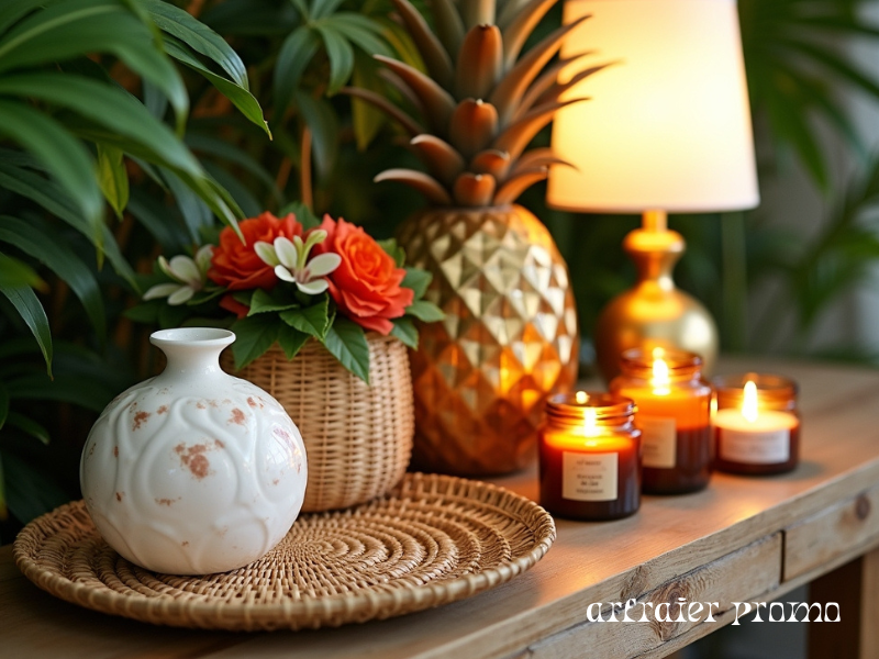 Tropical home decor accessories on a wooden table