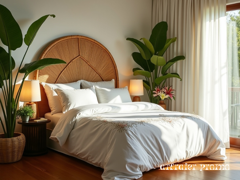 Tropical bedroom with linen bedding and plants
