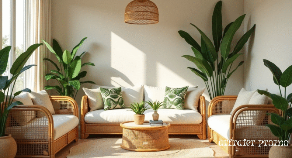 Tropical home decor with rattan furniture and indoor plants