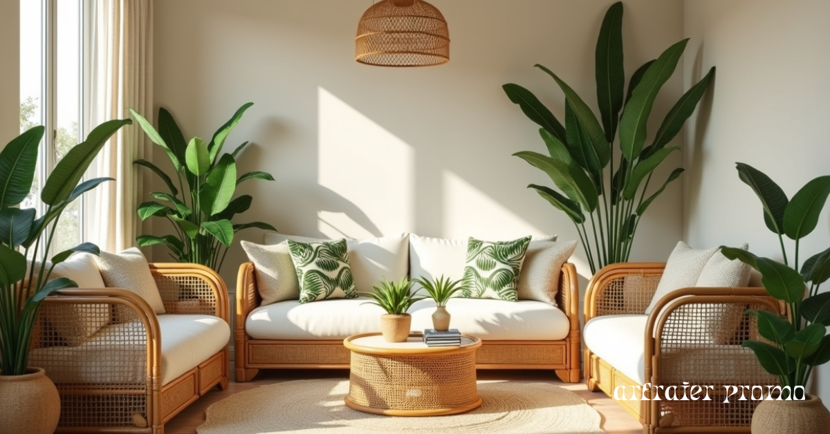 Tropical home decor with rattan furniture and indoor plants