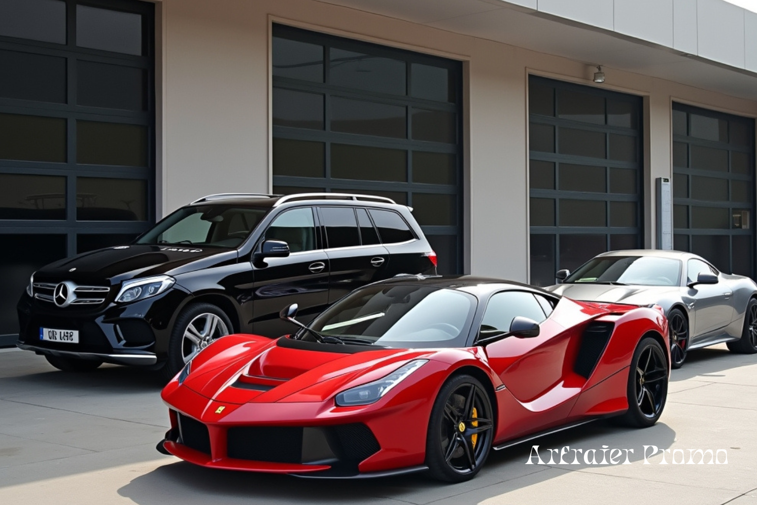 Luxury cars including Ferrari, Mercedes, and SUV in driveway.