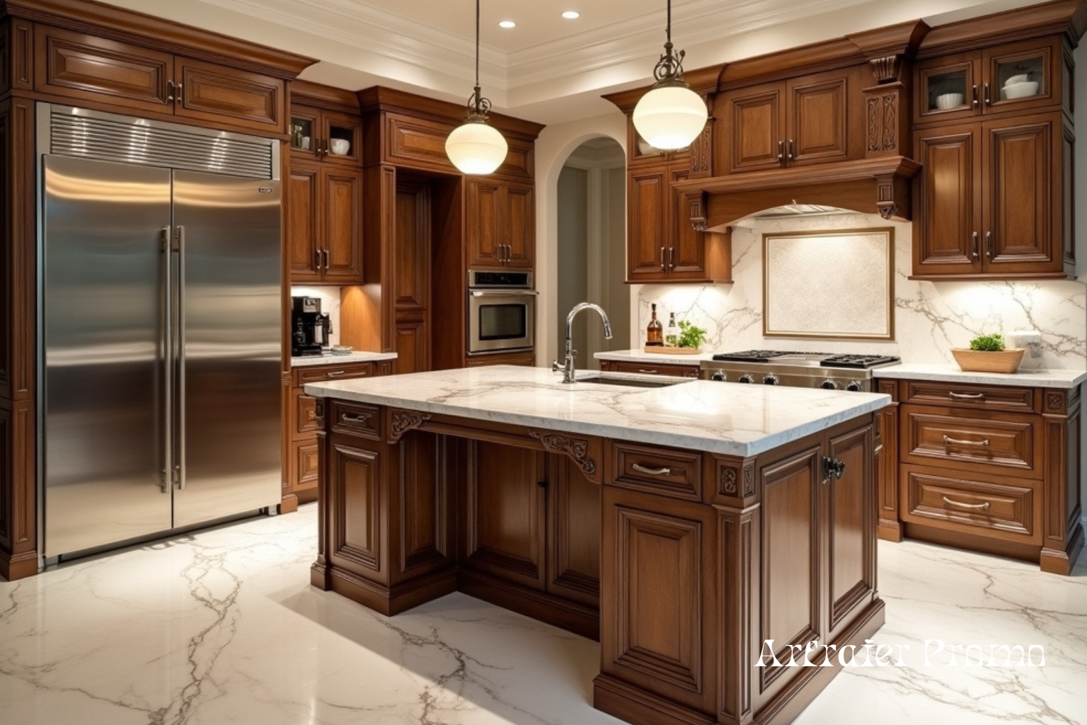 Luxury kitchen with marble counters and stainless-steel appliances.