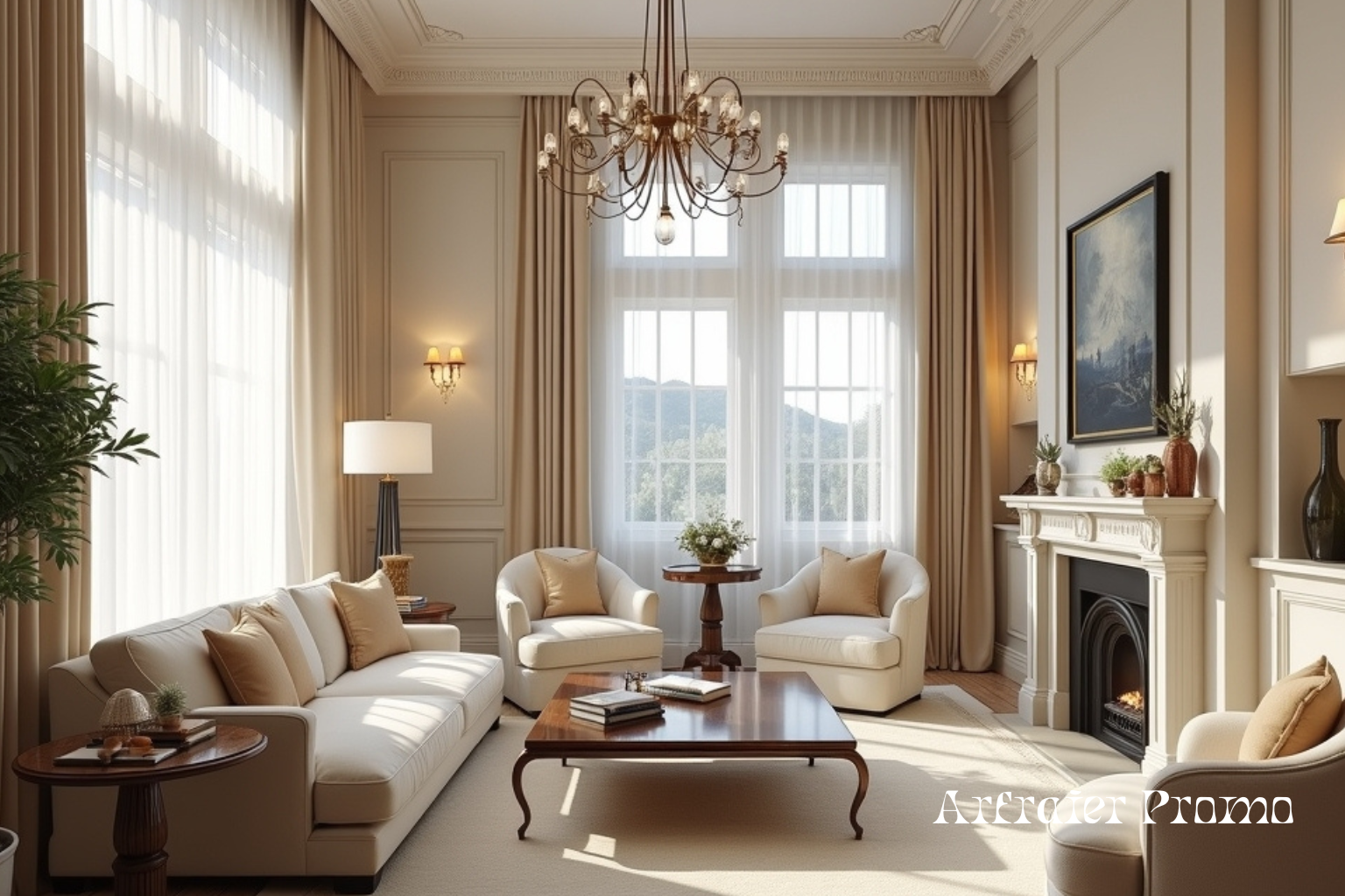 luxury living room with neutral colors and large windows