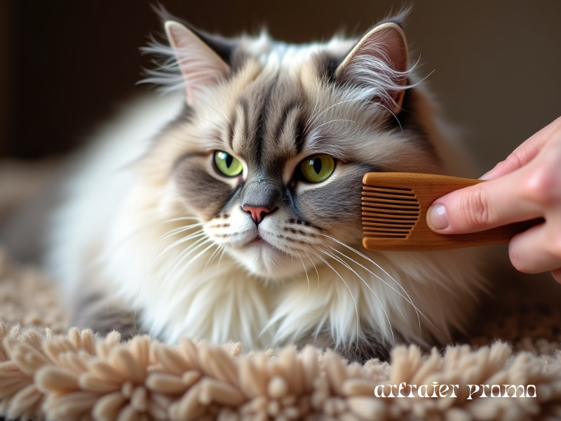 Persian cat being groomed with wooden comb