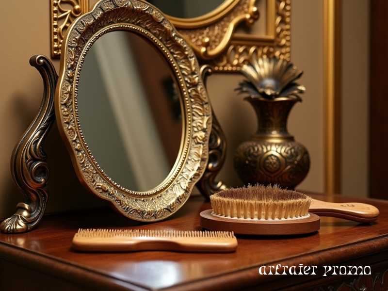 Engraved Persian brass mirror with traditional grooming tools