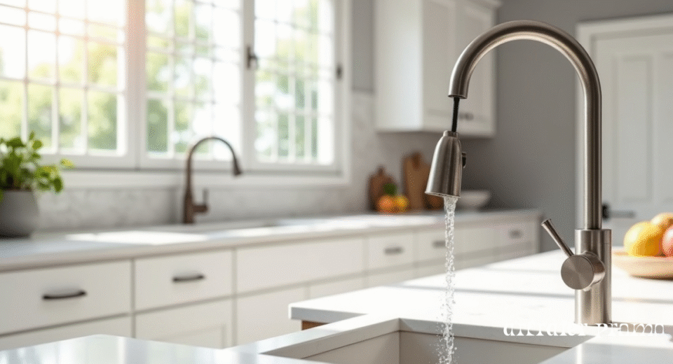 Modern kitchen with new stainless-steel pull-down faucet on white countertop.