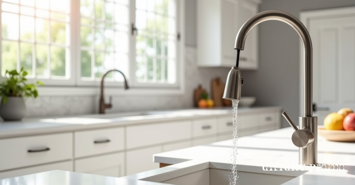 Modern kitchen with new stainless-steel pull-down faucet on white countertop.