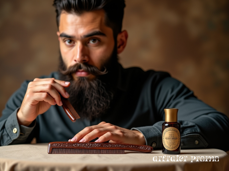 Man using Persian beard comb to groom beard