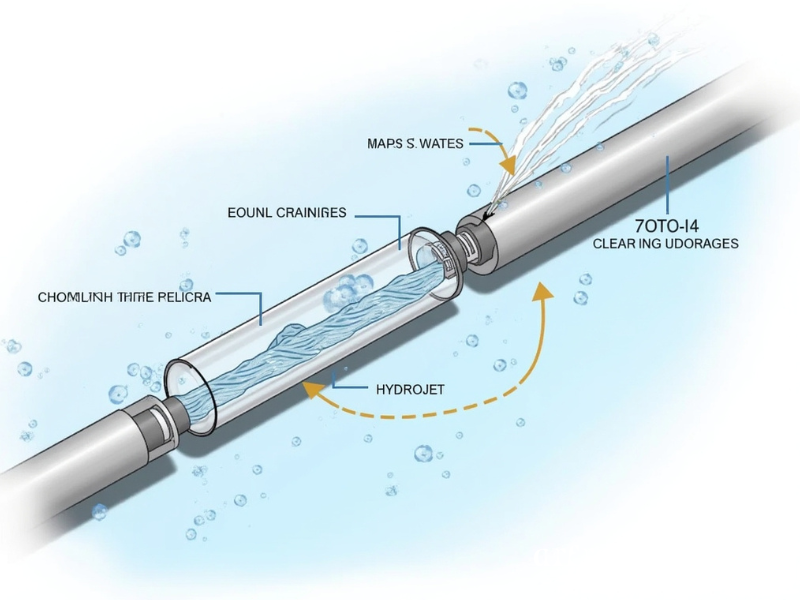 iagram of hydrojet drain cleaning process inside pipes