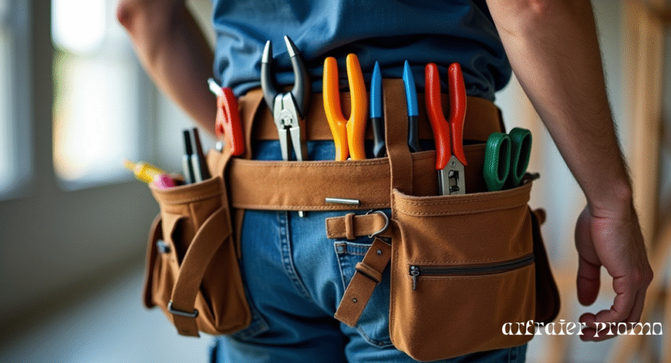 Professional electrician wearing a durable tool belt with electrical tools in a workshop.