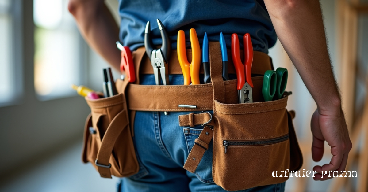 Professional electrician wearing a durable tool belt with electrical tools in a workshop.