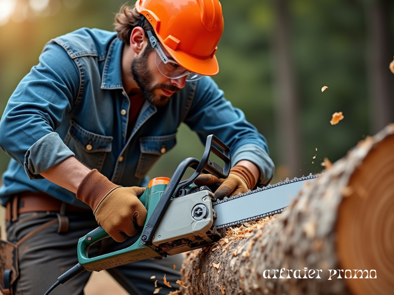 Carpenter using electric chainsaw to cut wood