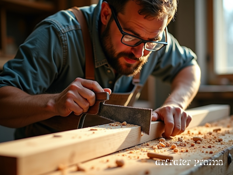 Carpenter cutting wood with a hand saw