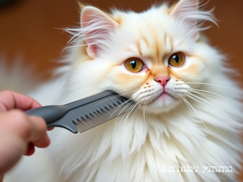 De-shedding comb removing loose fur from Persian cat.