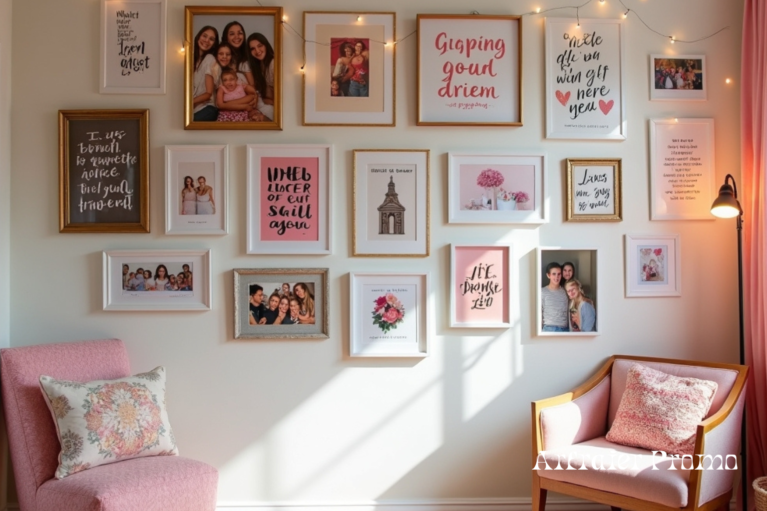 Teen girl bedroom gallery wall with photos and artwork