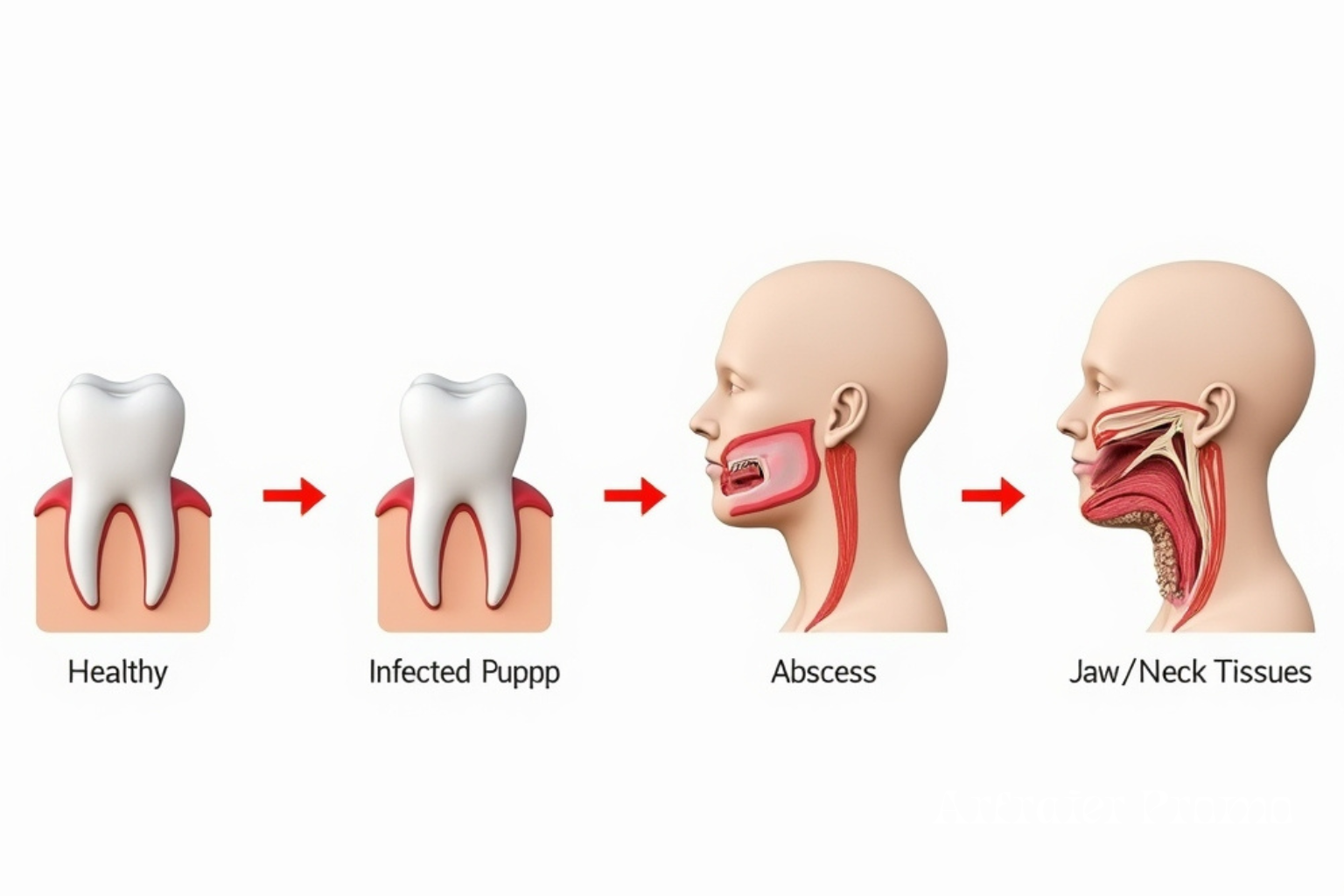 stages of a tooth infection from early pulp infection to severe tissue spread.