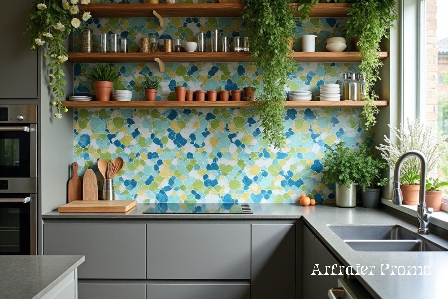 Colorful tile accent wall in a modern kitchen
