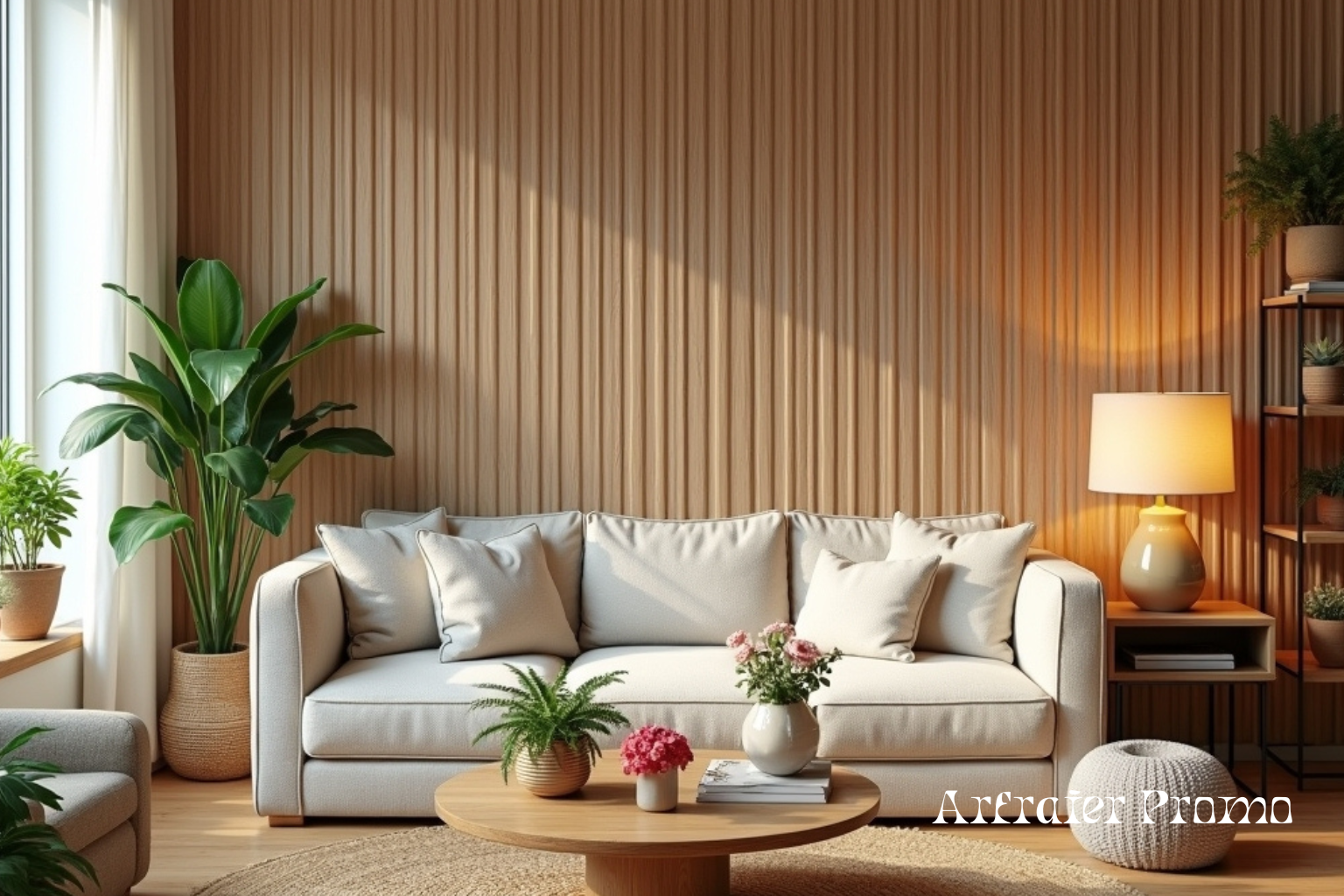 wood slat accent wall in a cozy living room